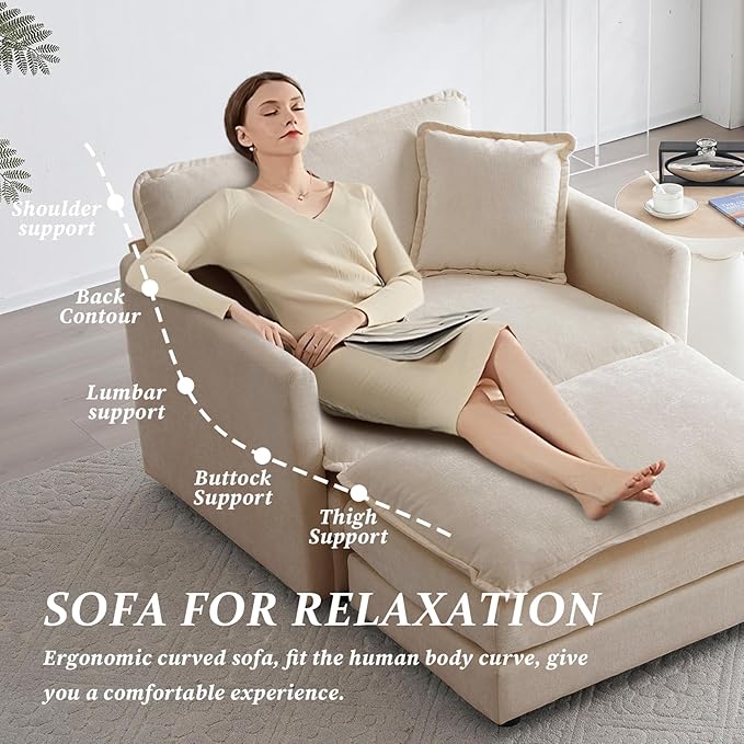 SoarFlash Chenille Sectional Sofa, Comfy Modular Single Sofa with Ottoman, Modern Recliner Deep Seat Sofa Set for Living Room,Light Coffee