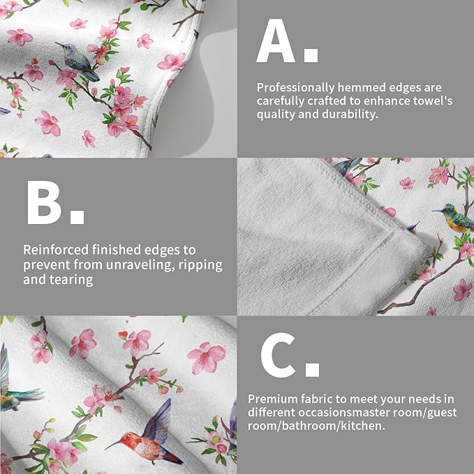 Birds Flower Hand Towel 2 Pack Hummingbird on Branch Pink Floral Decorative Kitchen Dish Towels Watercolor Bird Spring