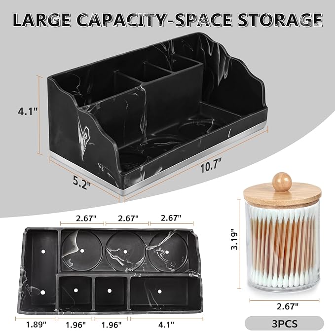 Marble Bathroom Countertop Organizer, Toothbrush Holders for Bathroom with 3PCS Qtip Holder Dispenser and Toothpaste Holder Drainage for Bathroom Accessories Organization Counter Vanity Storage