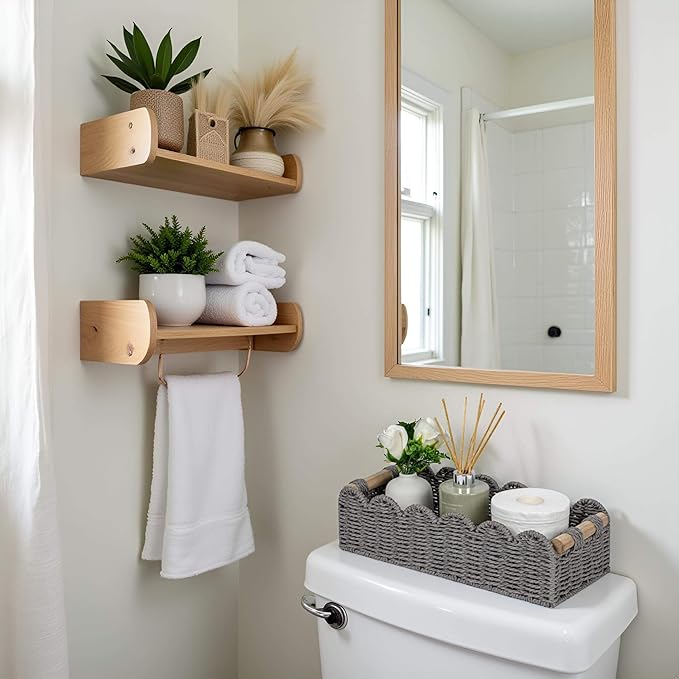 CubesLand Scalloped Edge Toilet Paper Storage Basket, Living Room Home Cozy Decor Basket, Paper Rope Small Baskets for Over Toilet Storage Shelf, Shelves, with 2 Wooden Handles, Grey