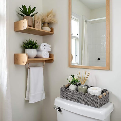 CubesLand Scalloped Edge Toilet Paper Storage Basket, Living Room Home Cozy Decor Basket, Paper Rope Small Baskets for Over Toilet Storage Shelf, Shelves, with 2 Wooden Handles, Grey