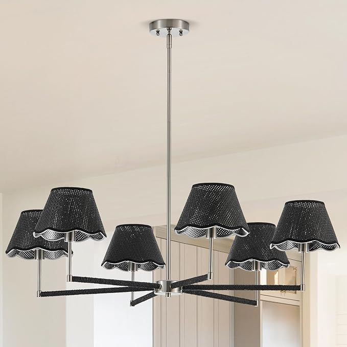 39" Boho Rattan Chandelier Large Adjustable Modern Black and Brushed Nickel Pendant Light for Kitchen Island Dining Living Room, UL Listed