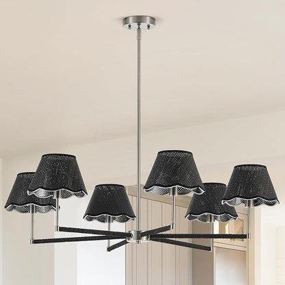 39" Boho Rattan Chandelier Large Adjustable Modern Black and Brushed Nickel Pendant Light for Kitchen Island Dining Living Room, UL Listed