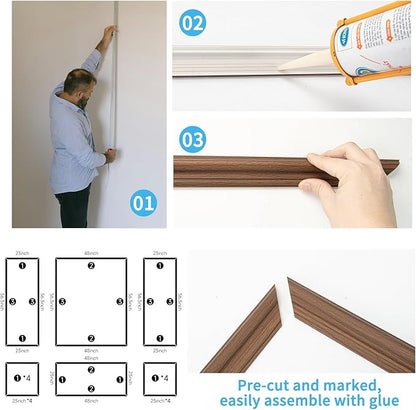 Art3d Pre-Cut Wall Molding Set of 6 pcs, Ready-to-Assemble Wainscoting Panels for Interior Wall Décor Living Room Bedroom Accent Wall - Installed with Glue, 3 Top 3 Bottom, Walnut