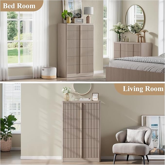 Fluted Dresser for Bedroom, 48" Tall 6 Drawer Dresser, Modern Chest of Drawers with Solid Wood Handle, Curved Profile Design, Wood Dressers Storage Organizer,Bedroom, Living Room, Hallway, White Alder