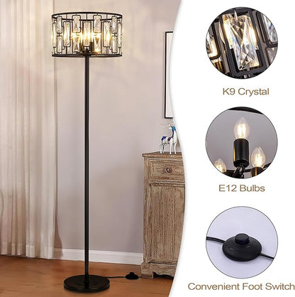 Wellmet Black Crystal Floor Lamp for Living Room, 4 Lights Modern Crystal Standing Lamp, Tall Elegant Floor Lamp with Foot Switch for Office, Reading Room, Bedroom, Dining Room, Entryway(E12 Base)