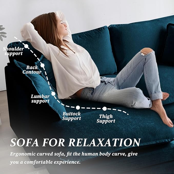 SoarFlash Chenille Sectional Sofa, Comfy L Shaped Modular Coush Sofa with Ottoman, Modern 2 Seat Couch Deep Seat Sofa Set for Living Room,Deep Blue