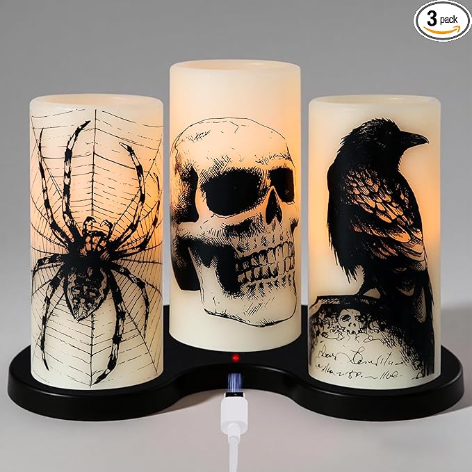 Eldnacele Halloween Flameless Candles with Skull,Spider Web, Crow Raven Decal, Rechargeable Battery Operated Cycle Timer Halloween Themed LED Real Wax Ivory Candles Spooky Decor(3pcs,D3×H6)