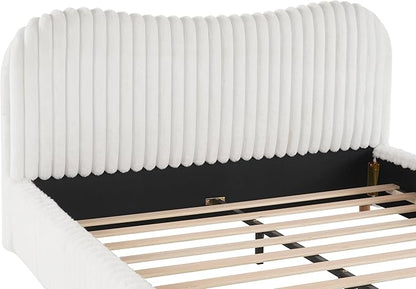 Queen Size Bed Frame, Upholstered Cloud Boucle Platform Beds Frames with Headboard, Anti-Collision Soft Rounded Corners Footboard, No Box Spring Required, Easy Assembly (37” White, Queen)