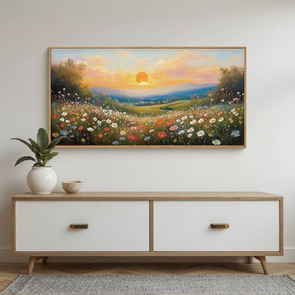 HOURIA Boho Sunrise Wildflower Framed Canvas Wall Art Set,Watercolour Nature Inspired Landscape Wall Decor,Colorful Floral Scenery Artwork,Modern Art Prints for Living Room,Bedroom,Farmhouse-20"x40"x1