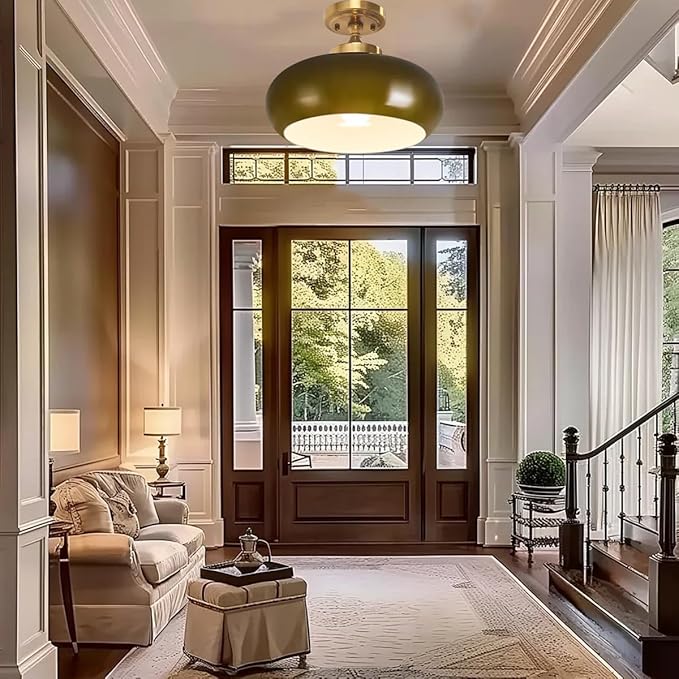 Dark Green Ceiling Light Fixture Glass Flush Mount Ceiling Light Gold Semi Flush Mount Lamp Mid Century Modern for Hallway Entryway Bathroom Closet