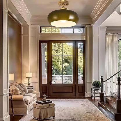 Dark Green Ceiling Light Fixture Glass Flush Mount Ceiling Light Gold Semi Flush Mount Lamp Mid Century Modern for Hallway Entryway Bathroom Closet