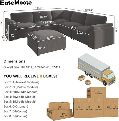 EASE MOOSE Oversized Sectional Modular Sofa,L Shape Sectional Couch with Ottoman,Deep Seat Cloud Couch for Living Room，Removable Cover