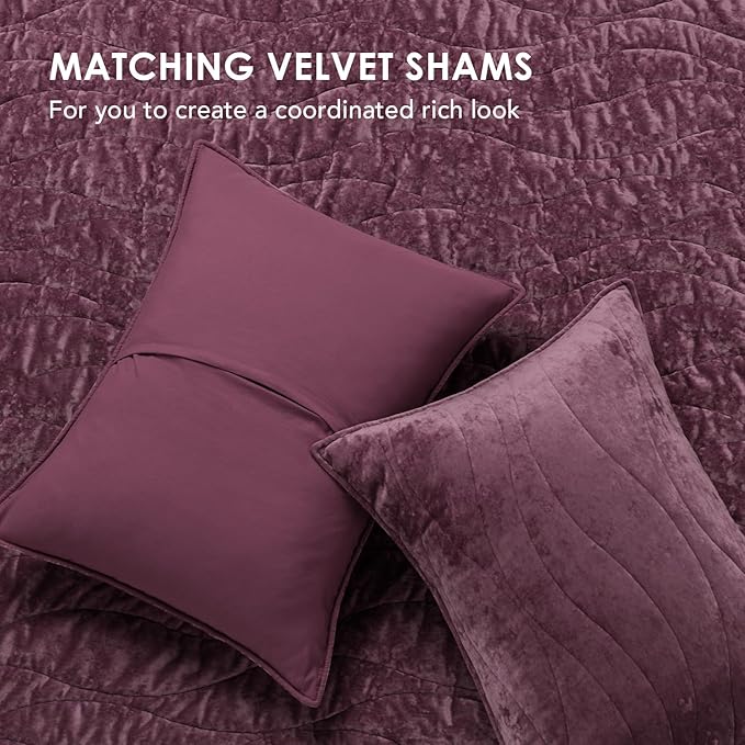EVERGRACE Luxury Velvet Quilt King Size, Ultra Soft Wave Crushed Velvet Bedding Set, Lightweight Quilted Comforter Set for All Season, Oversized Bedspread Coverlet with 2 Shams, Mauve Purple