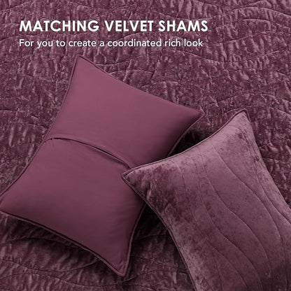 EVERGRACE Luxury Velvet Quilt King Size, Ultra Soft Wave Crushed Velvet Bedding Set, Lightweight Quilted Comforter Set for All Season, Oversized Bedspread Coverlet with 2 Shams, Mauve Purple