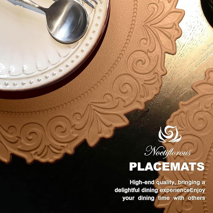 Noctiflorous Round Faux Leather 15 Inch Placemats Set of 4 Waterproof Wipeable Heat Resistant Tablemat for Dining Table Kitchen Non Slip Washable Oilproof Table Place Mat(Umber Brown, 4)