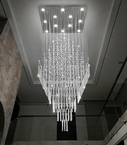 W32 x H120 Glam Chandelier with LED Bulbs Square Chandeliers, Crystal Raindrop High Ceiling Pendant Light for Entrance Large Villa Chandelier Foyer Lighting Fixtures Silver