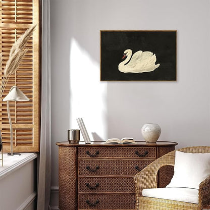 KBKBART Framed Canvas Wall Art for Living Room Bedroom Decor, Vintage Antique Swan Watercolor Canvas Painting, Rustic Bathroom Decor, Classical Swan Vintage Wall Art (16"x24")