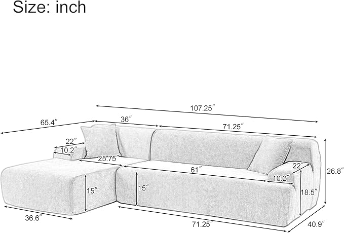2 Piece Modular Sectional Sofa 109" L Shaped Couch, Grey