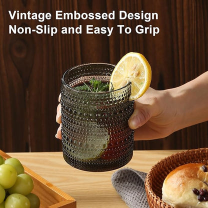 Vintage Hobnail Drinking Glasses Set of 8,Grey 12 oz & 15oz Highball Glass Cups, Kitchen Drinkware Glassware