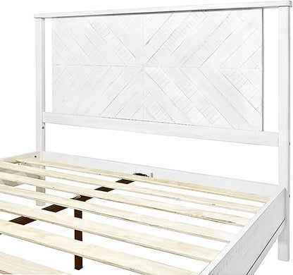 Bme Vivian 14 Inch Deluxe Bed Frame with Headboard, Rustic & Scandinavian Style with Solid Acacia Wood, No Box Spring Needed, 12 Strong Wood Slat Support, Easy Assembly, King, Rustic White