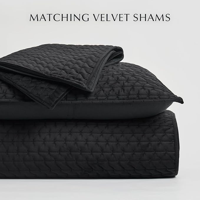 EVERGRACE Luxury Velvet Quilt Bedding Set Full Queen Size 3 Pieces with Pillow Shams, Soft Cross-Stitch Velvet Comforter Set, Lightweight Coverlet Bedspread for All Seasons, Black