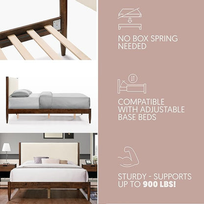 DG Casa Reign Boucle Mid-Century Modern Queen Size Wooden Platform Bed Frame - Upholstered in Cream Boucle - Solid Wood with Walnut Finish