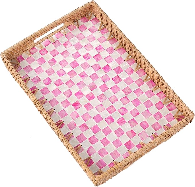 Rectangle Rattan Tray with Mother of Pearl Inlay, Rattan Serving Tray with Handle for Coffee, Bread, Fruits, Decorative Wicker Tray for Table Decor (Rectangle Pink Checkerboard, 13"×9")