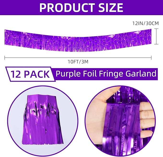 12 Pack 10 Feet Metallic Foil Fringe Garland Tinsel Streamers Banner, Purple Wall Hanging Tinsel Fringe Banners for Parade Floats, Wedding, Birthday, Christmas, New Year Party Decorations