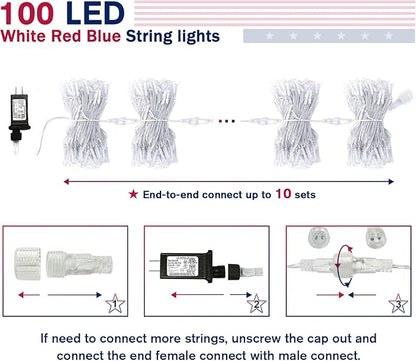 JMEXSUSS 4th of July Decorations Red White and Blue Lights, 33ft 100 LED String Light Indoor Plug-in, 8 Modes Patriotic 4th of July Lights for Indoor Outdoor Independence Day American Flag Holiday