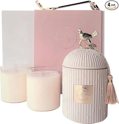 Luxury Scented Candle Gift Set - Holder + 2 x 8.5oz Soy Refills + Wick Trimmer - 115 Hour Burn - Birthday Gifts for Women - Centerpiece Decorations - 4 Pcs