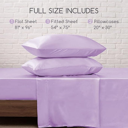 MR&HM Satin Bed Sheets with Elastic Corner Straps, Full Size Sheets Set, 4 Pcs Silky Bedding Set with 15 Inches Deep Pocket for Mattress (Full, Lilac)