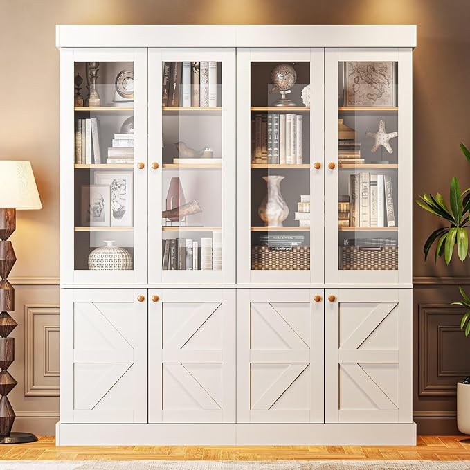 Vyre 71" Tall Farmhouse Bookshelves with Glass Doors, Large Modular Bookcase with Adjustable Shelves, Storage Cabinet for Living Room, Kitchen, Home Office, White