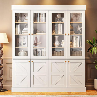 Vyre 71" Tall Farmhouse Bookshelves with Glass Doors, Set of 3 – Large Modular Bookcase with Adjustable Shelves, Storage Cabinet for Living Room, Kitchen, Home Office, White