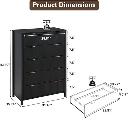 5 Drawer Dressers for Bedroom, Modern Closet Chest of Drawers with Waveform Fluted Panel, Large Wood Storage Dresser Organizer for Nursery Bedroom Living Room Hallway Closet, Black