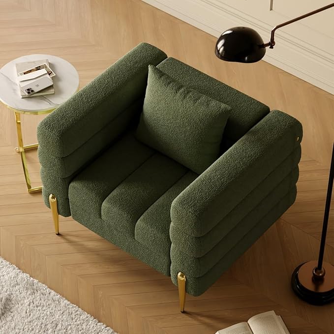 White Accent Chair, Mid Century Boucle Upholstered Armrest Chair for Bedroom, Living Room Chairs, Comfy Reading Chair, Office (Green)