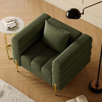 White Accent Chair, Mid Century Boucle Upholstered Armrest Chair for Bedroom, Living Room Chairs, Comfy Reading Chair, Office (Green)