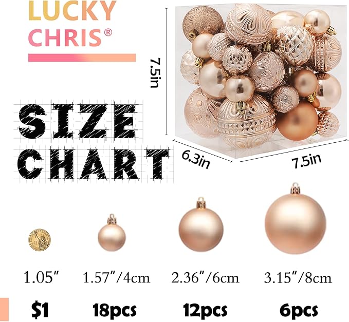 Christmas Ball Ornaments Brown Christmas Tree Decorations with Hang Rope-36pcs Shatterproof Christmas Ornaments Set with 6 Styles in 3 Sizes(Small Medium Large)