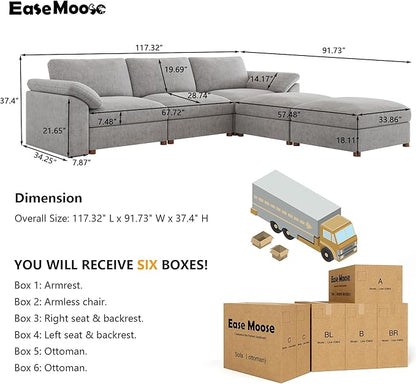EASE MOOSE Oversized Modular Sectional Couch,Deep Seat L Shape Sectional Couch,Comfty Chenille Modular Sofa for Living Room, Removable Cover,Light Gray