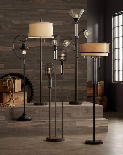 Franklin Iron Works Alamo Industrial Rustic Farmhouse Standing Floor Lamp 62" Tall Bronze Sheer Brown Organza Linen Fabric Double Drum Shades for Living Room Reading Bedroom Office House Home Decor
