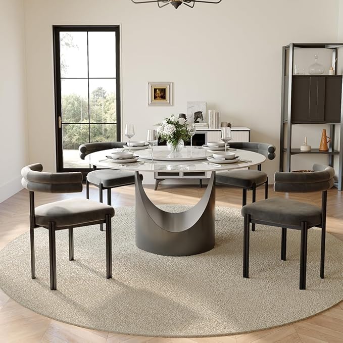 POVISON Round Dining Table for 4, 47" Glossy White Sintered Stone Tabletop Dining Table with 23" Lasy Susan, Grey Carbon Steel Pedestal, Modern Dining Room Table (Table Only)
