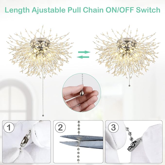 HMVPL Crystal Flush Mount Ceiling Light Fixture with Pull Chain On/Off Switch, LED Close to Ceiling Lamp, Pull Chain Light Fixture Ceiling Mount, Modern Crystal Chandelier for Kitchen Bedroom Entryway