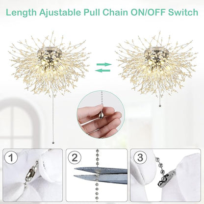 HMVPL Crystal Flush Mount Ceiling Light Fixture with Pull Chain On/Off Switch, LED Close to Ceiling Lamp, Pull Chain Light Fixture Ceiling Mount, Modern Crystal Chandelier for Kitchen Bedroom Entryway