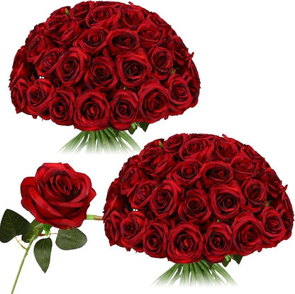 Nubry 50pcs Artificial Silk Roses Bulk,Fake Roses Flower with Stems Realistic Flowers for Wedding Centerpiece Home Party Decor(Burgundy)