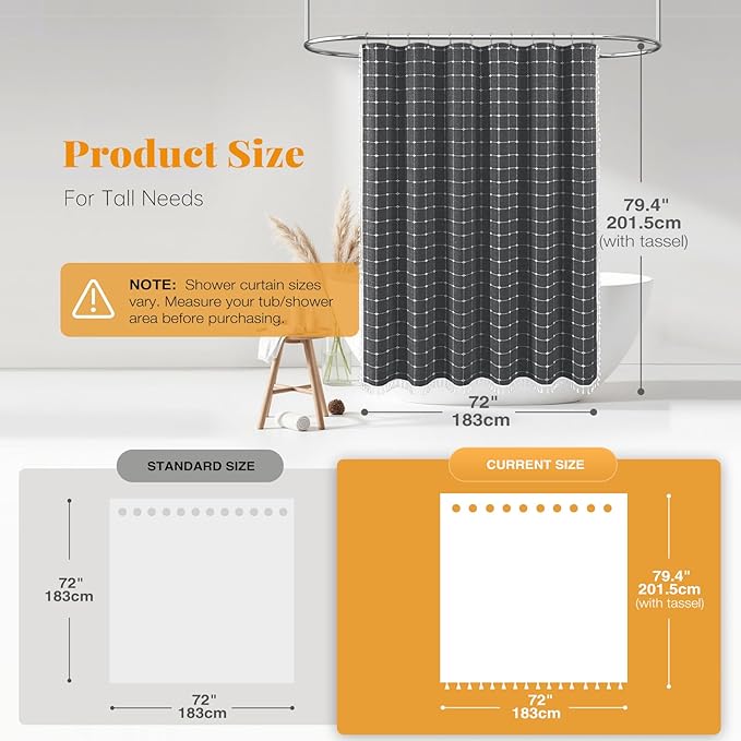 BTTN 78 Inch Long Shower Curtain - Gray Boho Farmhouse Linen Ultra Thick Fabric Shower Curtain Set with Hooks, Tall Rustic Country Weighted Cloth Shower Curtains for Bathroom - Charcoal Grey - 72x78