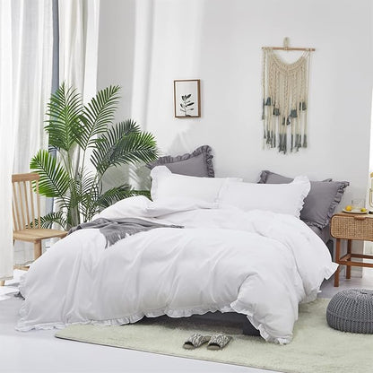 CLOTHKNOW White Ruffles Comforter Set California King Farmhouse Bedding Comforter Sets Shabby Chic Comforter Vintage Rustic Comforter with 2 x Pillow Cases