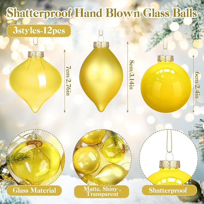 Zomiboo 12 Pcs Yellow Glass Christmas Ball Ornaments Set 3.15" Hanging Shatterproof Glass Bulbs for Christmas Tree Baubles Bulk for Holiday Xmas Tree Decorations Gifts