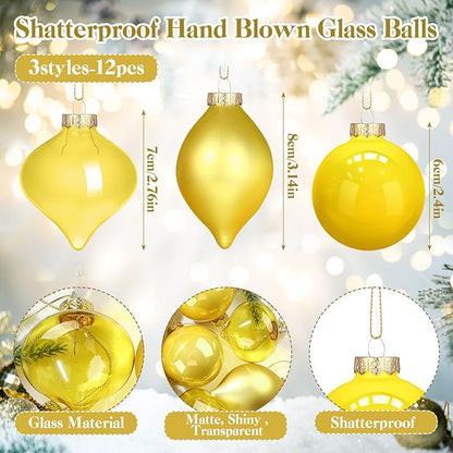 Zomiboo 12 Pcs Yellow Glass Christmas Ball Ornaments Set 3.15" Hanging Shatterproof Glass Bulbs for Christmas Tree Baubles Bulk for Holiday Xmas Tree Decorations Gifts