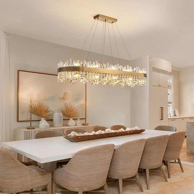 Siljoy Modern Crystal Chandelier, 20-Light Luxury Rectangular Brushed Gold Crystal Chandelier Lighting, Large Oval 2-Tier K9 Crystal Pendant Ceiling Light for Dining Living Room Kitchen Island, L52''