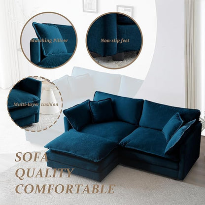 SoarFlash Chenille Sectional Sofa, Comfy L Shaped Modular Coush Sofa with Ottoman, Modern 2 Seat Couch Deep Seat Sofa Set for Living Room,Deep Blue